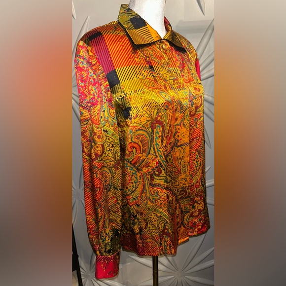 EUC Louis Feraud SZ 4 gold/red/black multicolored silk paisley print blouse - Picture 8 of 12